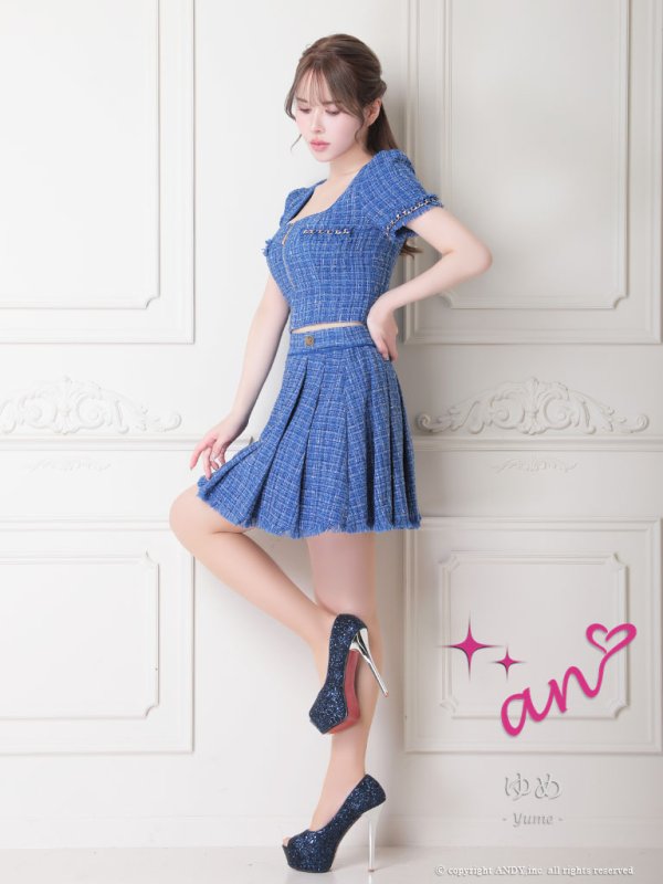 画像10: XSサイズあり【an /アン】セットアップ/ フロントジッパー/ ツイード/ 半袖/ ボタン/ 裾フリンジ/ ミニドレス/ キャバドレス[OF05]