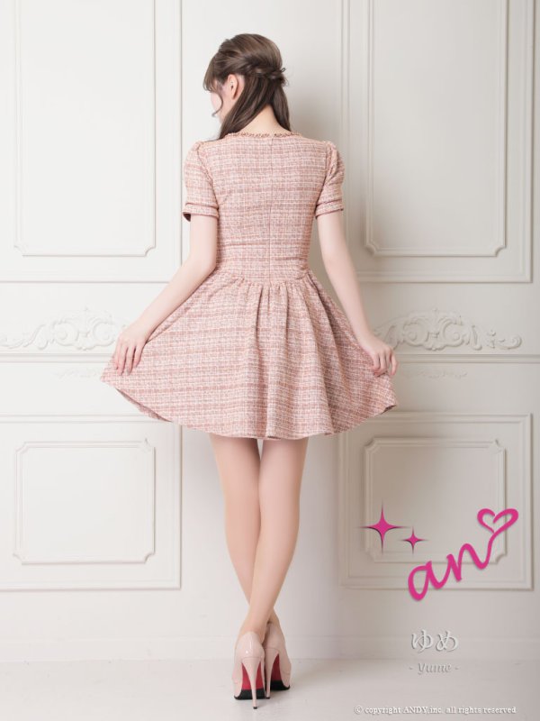 画像20: XSサイズあり【an/アン】 ツイード/ パールボタン/ パフスリーブ/ 半袖/ 袖あり/ ゴールドチェーン / フレア/ ワンピース/ ミニドレス/ キャバドレス[OF05]