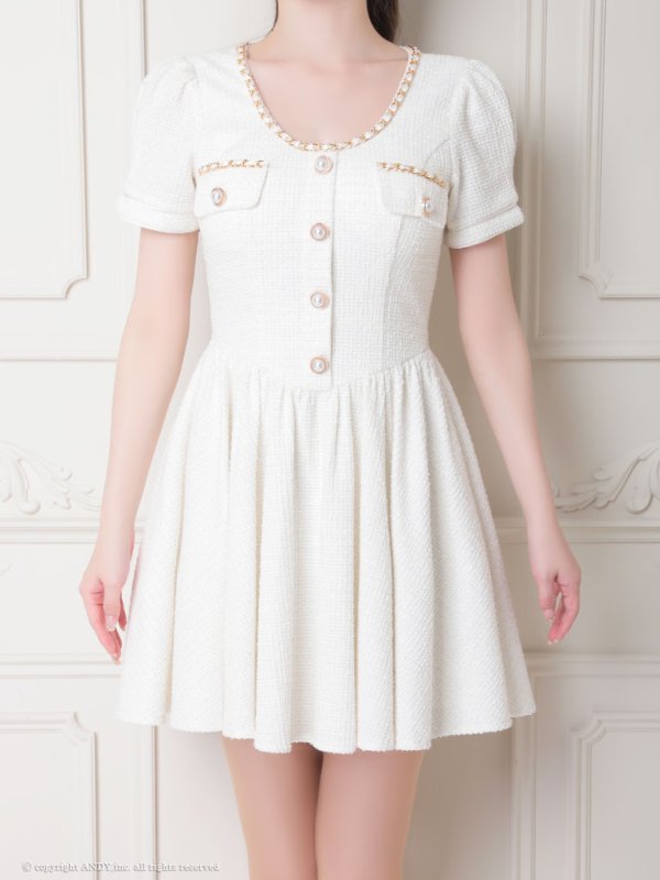 画像13: XSサイズあり【an/アン】 ツイード/ パールボタン/ パフスリーブ/ 半袖/ 袖あり/ ゴールドチェーン / フレア/ ワンピース/ ミニドレス/ キャバドレス[OF05]