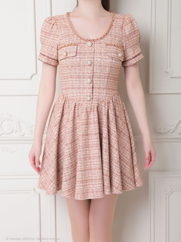 画像21: XSサイズあり【an/アン】 ツイード/ パールボタン/ パフスリーブ/ 半袖/ 袖あり/ ゴールドチェーン / フレア/ ワンピース/ ミニドレス/ キャバドレス[OF05]