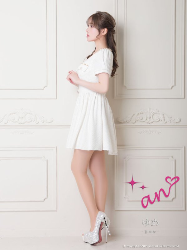 画像11: XSサイズあり【an/アン】 ツイード/ パールボタン/ パフスリーブ/ 半袖/ 袖あり/ ゴールドチェーン / フレア/ ワンピース/ ミニドレス/ キャバドレス[OF05]