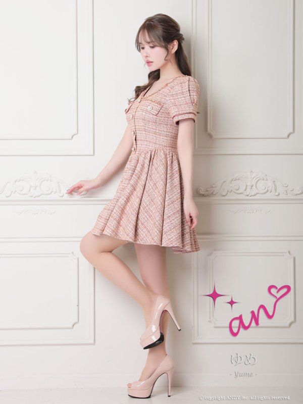 画像19: XSサイズあり【an/アン】 ツイード/ パールボタン/ パフスリーブ/ 半袖/ 袖あり/ ゴールドチェーン / フレア/ ワンピース/ ミニドレス/ キャバドレス[OF05]