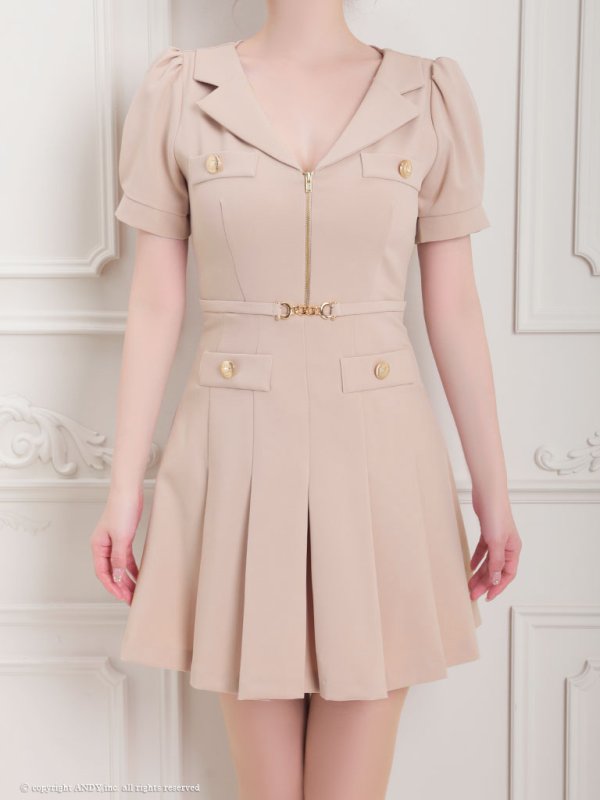 画像23: XSサイズあり 【an /アン】フロントジップ/ ワンカラー/ パフスリーブ/ 襟付き/ ベルト付き/ プリーツスカート/ ミニドレス/ キャバドレス[OF05]