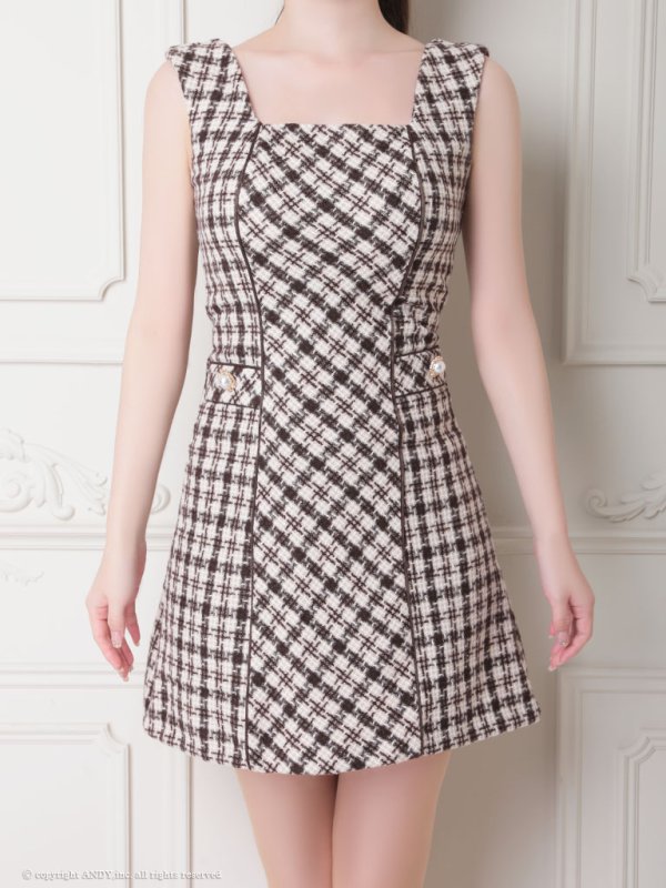 画像12: XSサイズあり 【an /アン】チェック柄/ スクエアネック/ ノースリーブ/ ポケットデザイン/ Aライン/ ミニドレス/ キャバドレス[OF05]