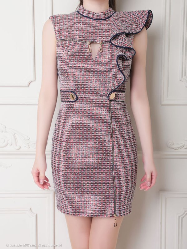 画像24: XSサイズあり【an/アン】フロントジップ/ 袖フリル/ ツイード/ ハイネック/ ストレッチ/ タイト/ ミニドレス/ キャバドレス[OF05]