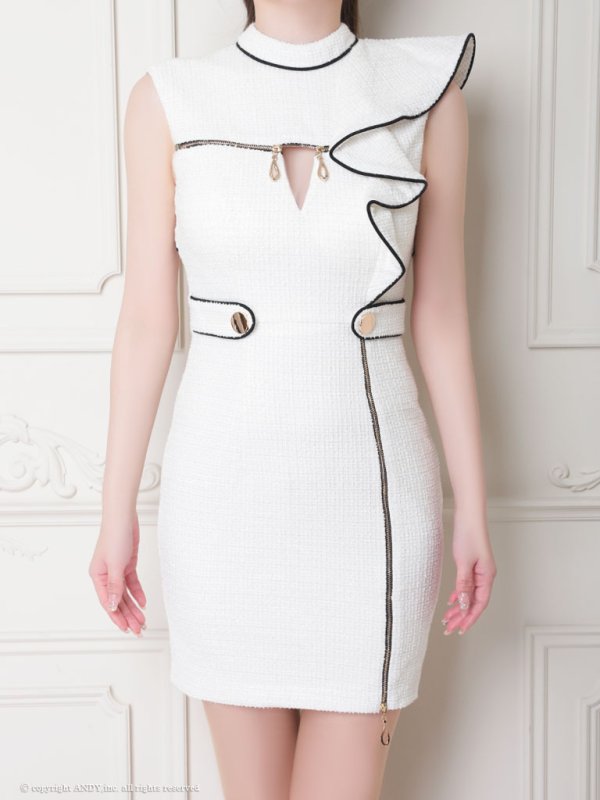 画像5: XSサイズあり【an/アン】フロントジップ/ 袖フリル/ ツイード/ ハイネック/ ストレッチ/ タイト/ ミニドレス/ キャバドレス[OF05]