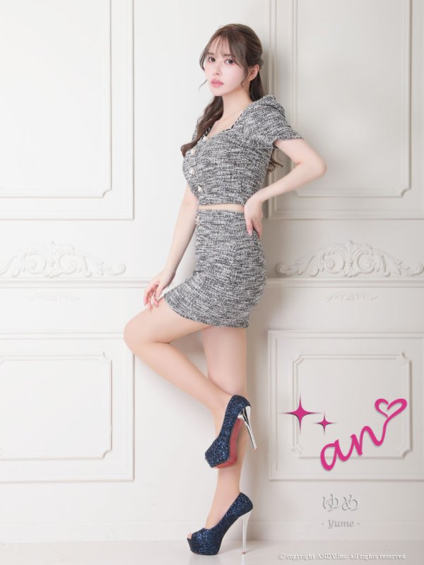 画像3: XSサイズあり【an/アン】 ツイード / セットアップ/ ストレッチ/ 半袖/ 袖あり/ パフスリーブ/ タイト/ ミニドレス/ キャバドレス[OF05]