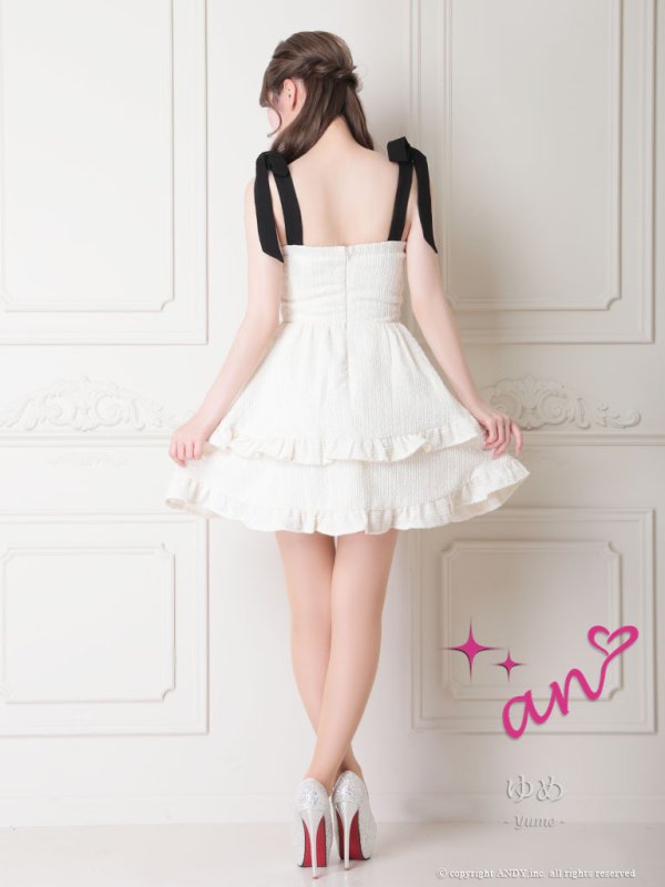 画像11: XSサイズあり 【an /アン】ツイード/ フロントジップ/ ショルダーリボン/ フリル/ Aライン/ フレア/ ミニドレス/ キャバドレス[OF05]