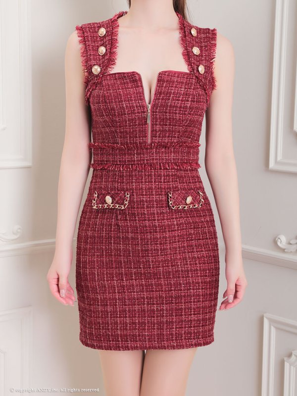 画像14: XSサイズあり【an /アン】 ツイード/ フロントジップ/ ボタン/ ノースリーブ/ ポケットデザイン/タイト/ ミニドレス/ キャバドレス[OF05]