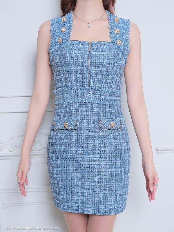 画像24: XSサイズあり【an /アン】 ツイード/ フロントジップ/ ボタン/ ノースリーブ/ ポケットデザイン/タイト/ ミニドレス/ キャバドレス[OF05]