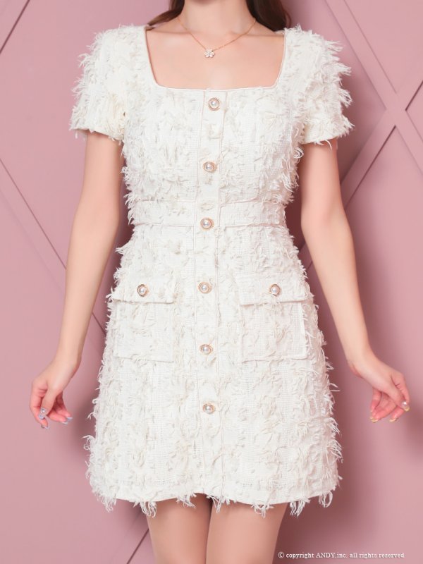 画像5: XSサイズあり【an /アン】パールボタン/ ツイード/ ワンカラー/ 半袖/ 襟付き/ フレア/ ミニドレス/ キャバドレス[OF05]