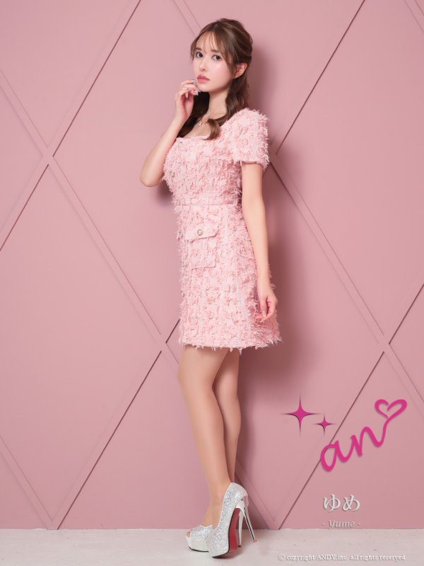 画像17: XSサイズあり【an /アン】パールボタン/ ツイード/ ワンカラー/ 半袖/ 襟付き/ フレア/ ミニドレス/ キャバドレス[OF05]