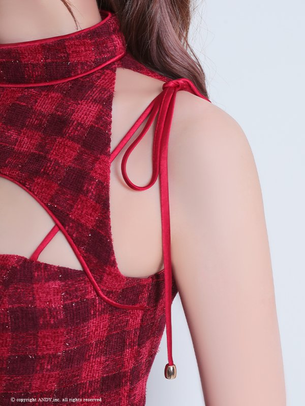 画像23: XSサイズあり【an /アン】チェック柄/ ハイネック/ フロントジップ/ カットアウト/ ベルト/ ノースリーブ/ テールカット/ マーメイド/ ミディアムドレス/ キャバドレス[OF05]