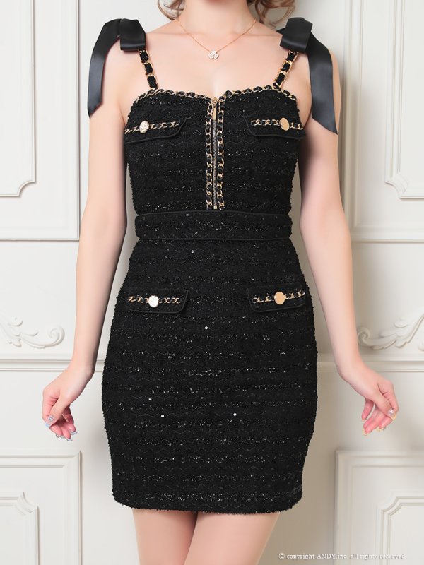 画像11: XSサイズあり【an /アン】 ツイード/ ショルダーリボン/ チェーン/ フロントジップ/ ワンカラー/タイト/ ミニドレス/ キャバドレス[OF05]