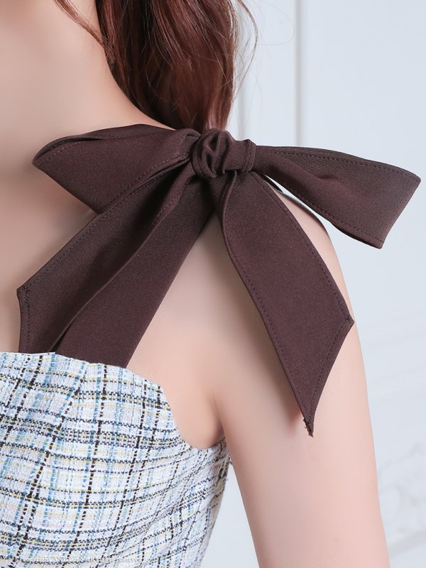 画像7: XSサイズあり【an /アン】ツイード/ パールボタン/ ショルダーリボン/ ノースリーブ/ フレア/ 裾プリーツ/ ミニドレス/ キャバドレス[OF05]