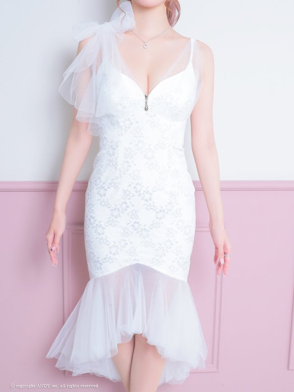 画像41: 【ゆうめろ/関西コレクション着用】XSサイズあり【an /アン】マーメイド/ チュール/ シフォン/ ショルダーリボン/ フリル/ テールカット/ ミディアムドレス/ キャバドレス[OF05]