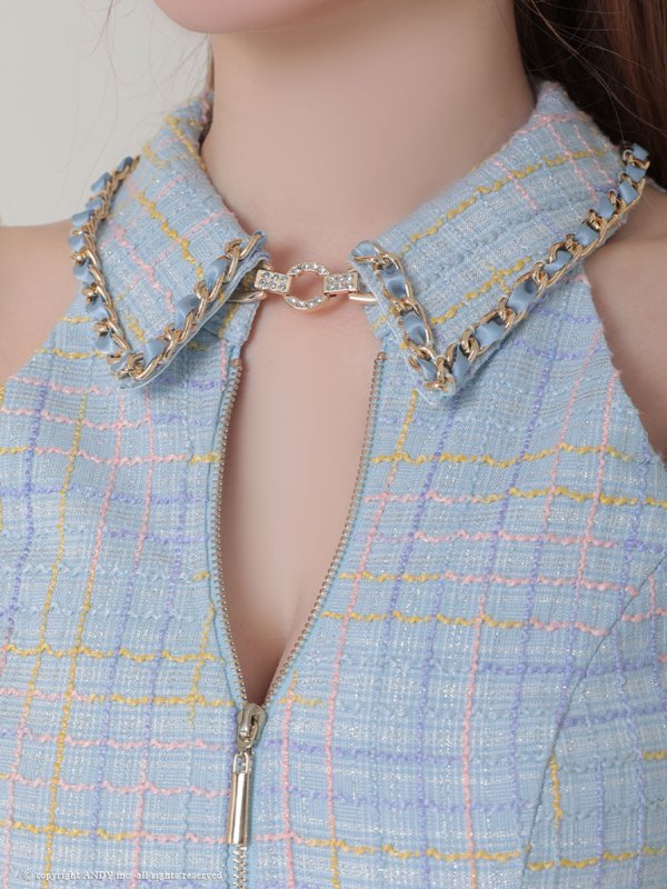 画像15: XSサイズあり【an /アン】襟付き/ チェック/ ツイード/ ノースリーブ/ チェーン/ プリーツ/ Aライン/ セットアップ/ ミニドレス/ キャバドレス[OF05]