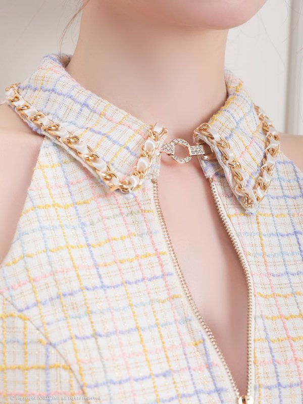 画像24: XSサイズあり【an /アン】襟付き/ チェック/ ツイード/ ノースリーブ/ チェーン/ プリーツ/ Aライン/ セットアップ/ ミニドレス/ キャバドレス[OF05]