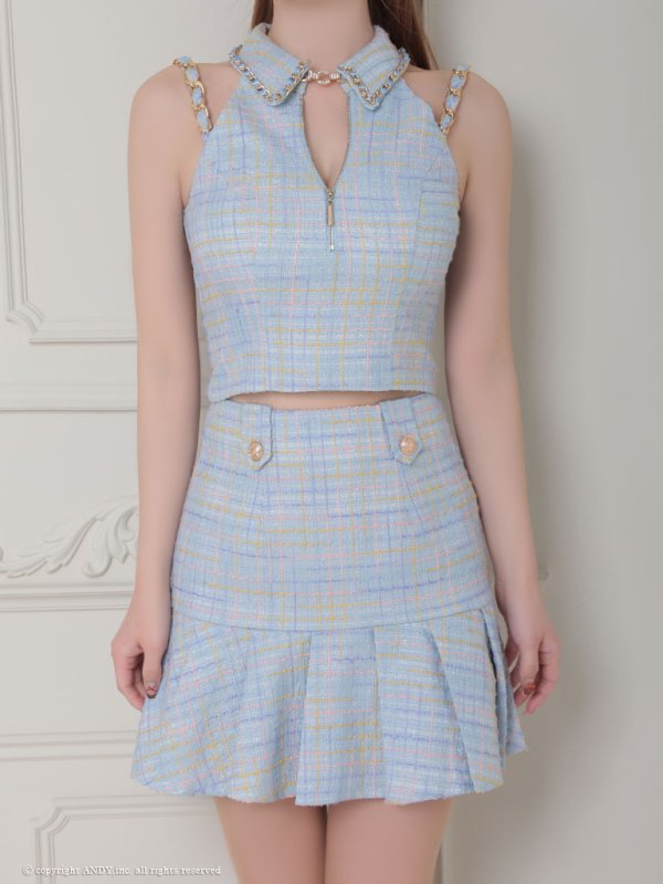 画像14: XSサイズあり【an /アン】襟付き/ チェック/ ツイード/ ノースリーブ/ チェーン/ プリーツ/ Aライン/ セットアップ/ ミニドレス/ キャバドレス[OF05]