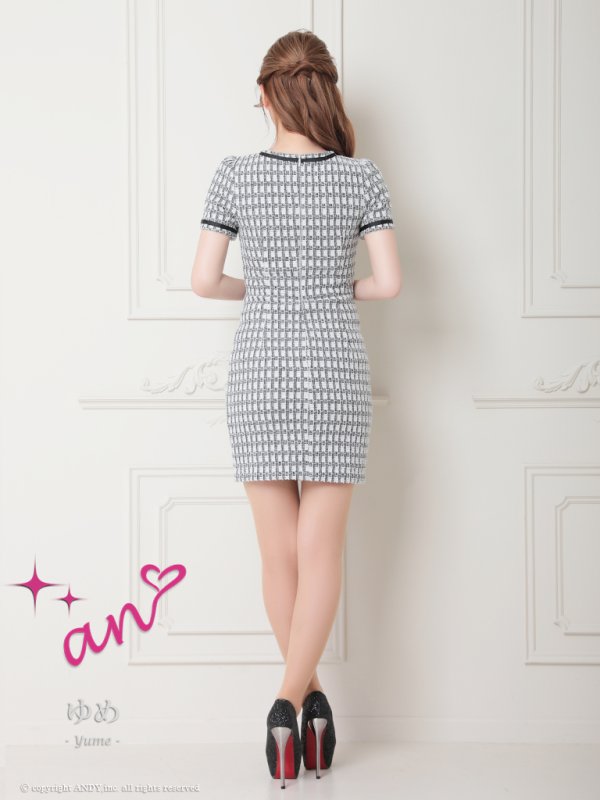 画像7: XSサイズあり【an /アン】 フロントジップ/ チェック/ ツイード/ ネックリボン/ 袖あり/ 半袖/タイト/ ミニドレス/ キャバドレス[OF05]