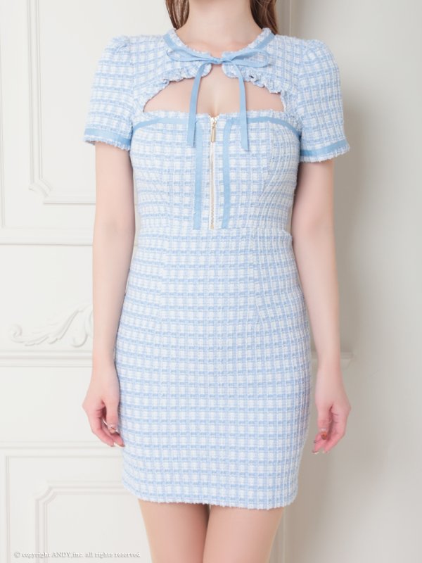 画像26: XSサイズあり【an /アン】 フロントジップ/ チェック/ ツイード/ ネックリボン/ 袖あり/ 半袖/タイト/ ミニドレス/ キャバドレス[OF05]