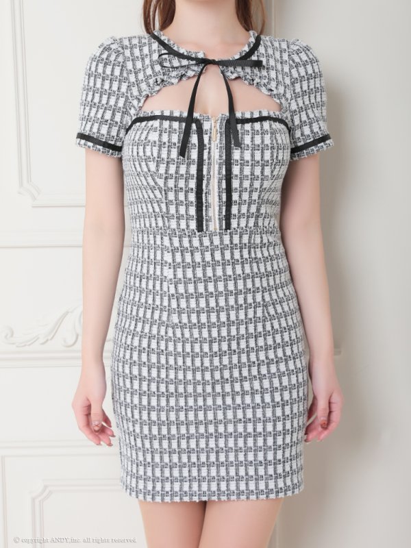 画像8: XSサイズあり【an /アン】 フロントジップ/ チェック/ ツイード/ ネックリボン/ 袖あり/ 半袖/タイト/ ミニドレス/ キャバドレス[OF05]