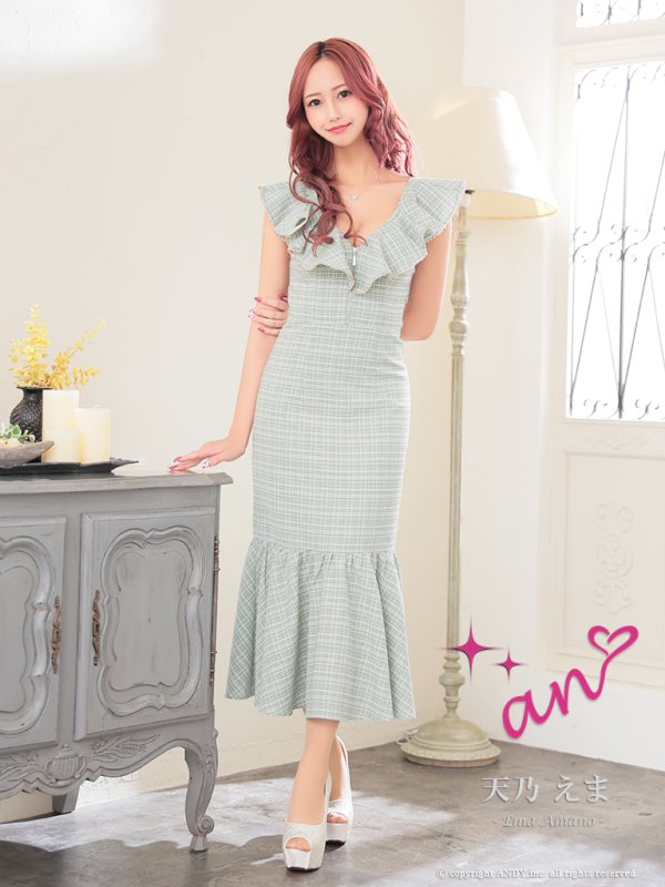 画像19: XSサイズあり【an /アン】チェック/ フリル/ ノースリーブ/ フロントジップ/ マーメイド/ ミディアムドレス / キャバドレス[OF05]
