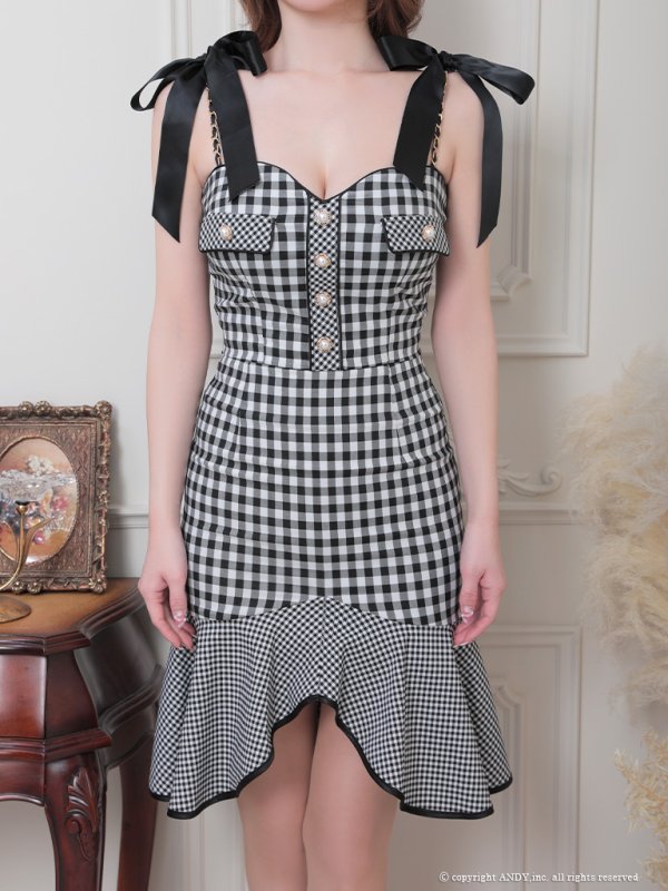 画像15: 【an/アン】ギンガムチェック/ マーメイド/ ショルダーリボン/ キャミソール/ セットアップ/ フィッシュテール/ 裾フリル/ ミディアムドレス/ キャバドレス[OF05]