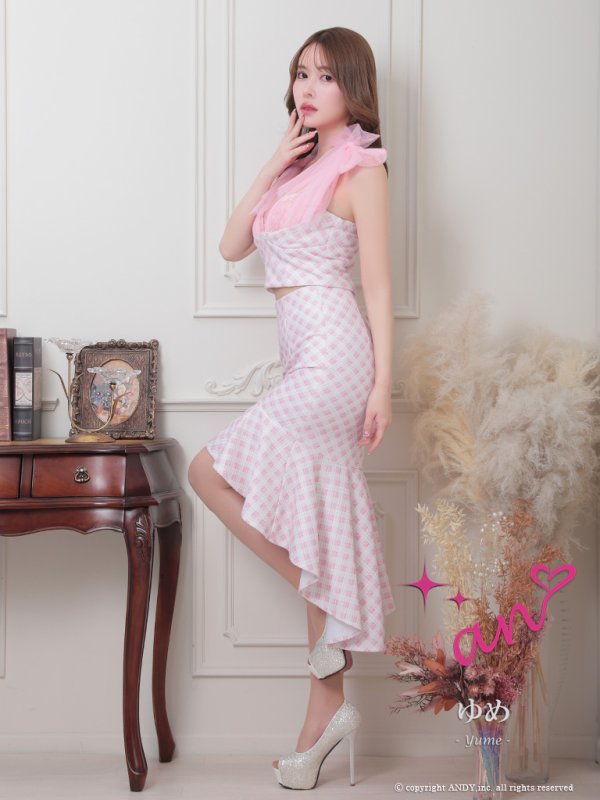 画像17: sugarオリジナルカラー・XSサイズあり【an/アン】ショルダーリボン/ ギンガムチェック/ テールカット/ セットアップ/ ミディアムドレス/ キャバドレス[OF05]