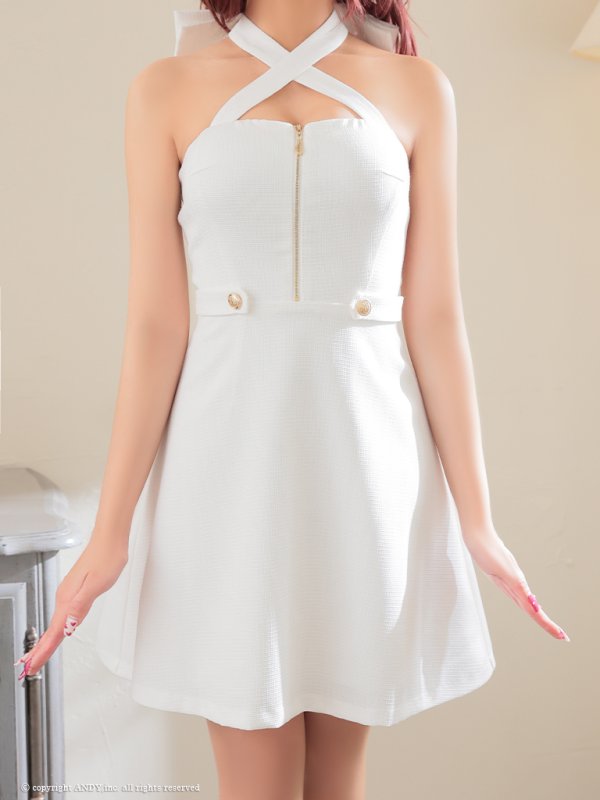 画像5: XSサイズあり【an /アン】クロスネック/ バックリボン/ パール/ フロントジップ/ ノースリーブ/ Aライン/ フレア/ ミニドレス/ キャバドレス[OF05]