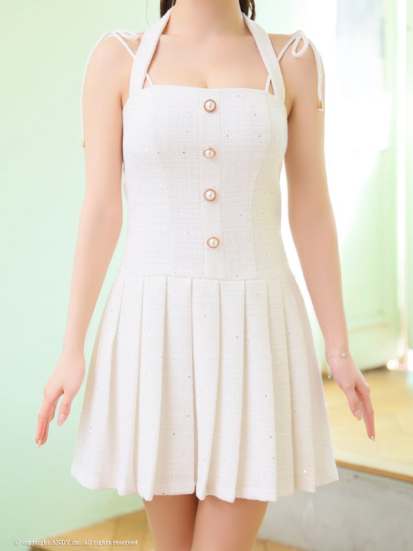 画像5: XSサイズあり【an /アン】パールボタン/ スパンコール/ ツイード/ リボンショルダー/ プリーツ/ フレア/ ミニドレス/ キャバドレス[OF05]