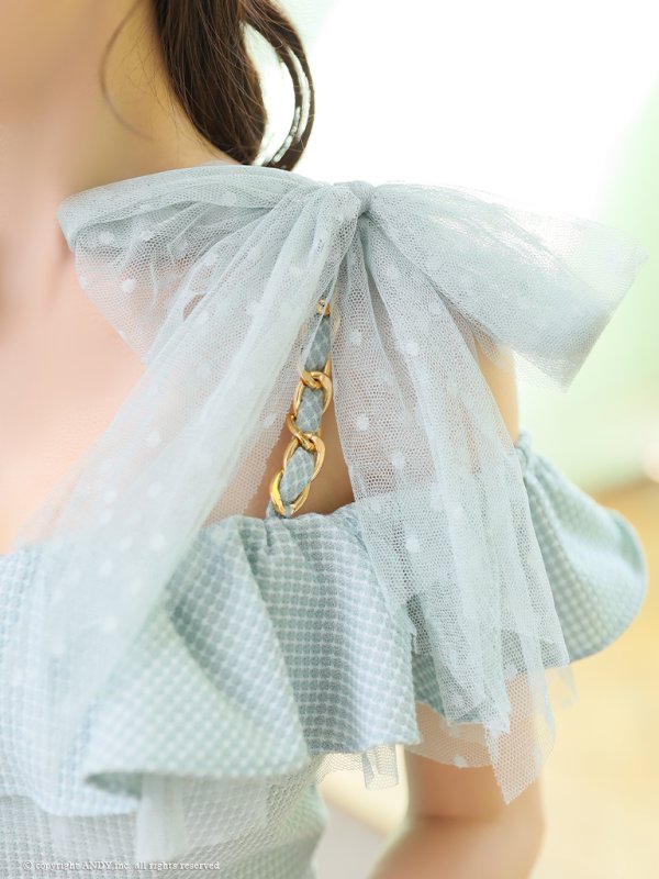 画像9: XSサイズあり【an /アン】 ワンカラー/ ツイード/ フロントジップ/ チェーン/ ショルダーリボン/ キャミ/ フリル/ タイト/ ミニドレス/ キャバドレス[OF05]