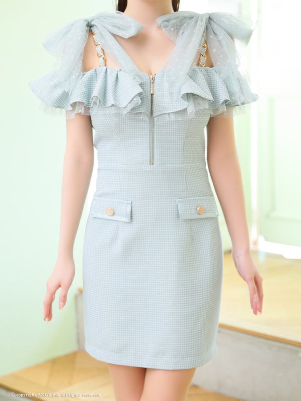 画像8: XSサイズあり【an /アン】 ワンカラー/ ツイード/ フロントジップ/ チェーン/ ショルダーリボン/ キャミ/ フリル/ タイト/ ミニドレス/ キャバドレス[OF05]