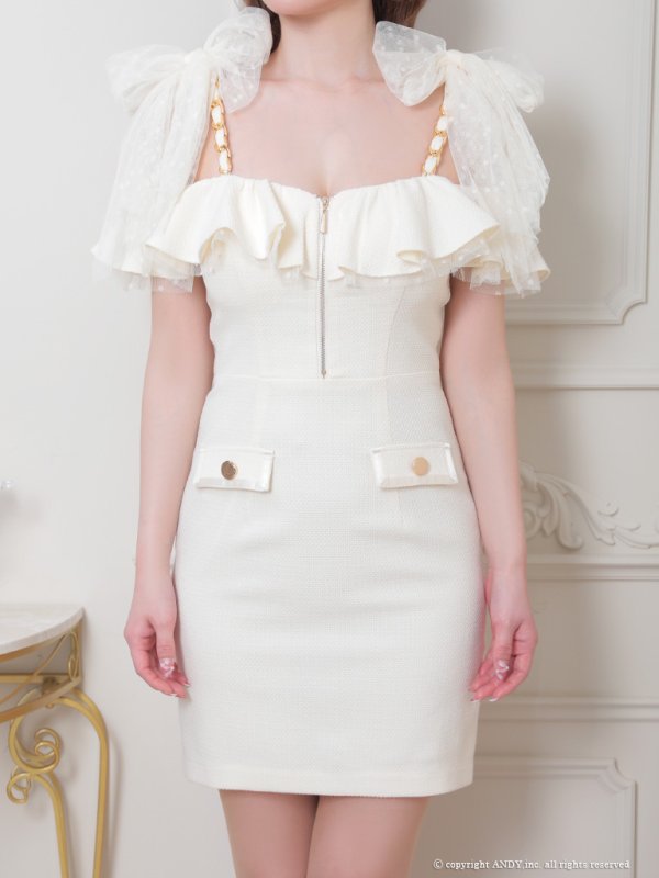 画像26: XSサイズあり【an /アン】 ワンカラー/ ツイード/ フロントジップ/ チェーン/ ショルダーリボン/ キャミ/ フリル/ タイト/ ミニドレス/ キャバドレス[OF05]