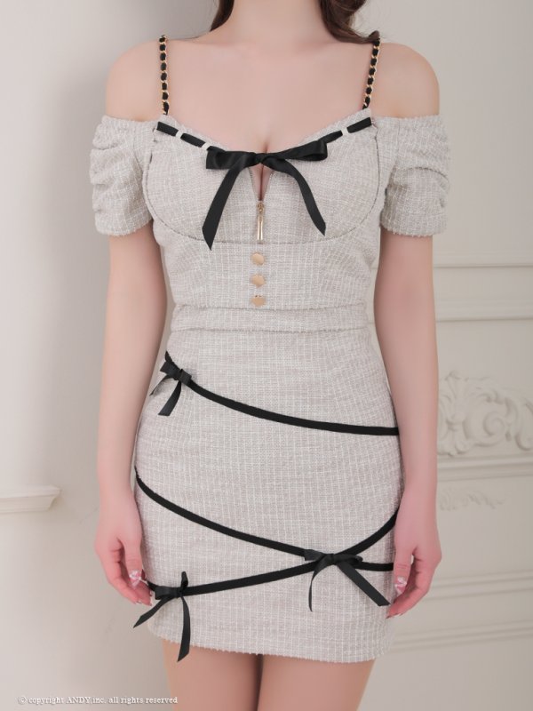 画像16: XSサイズあり【an /アン】 セットアップ/ リボン/ オフショル/ ハーフスリーブ/ ボタン/ フロントジップ/タイト/ ミニドレス/ キャバドレス[OF05]