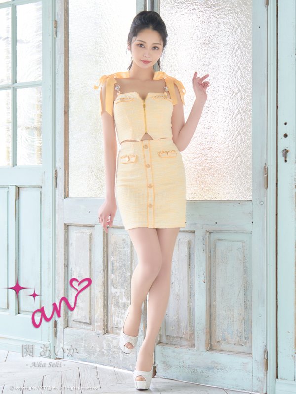 画像26: XSサイズあり【an /アン】 ショルダーリボン/ フロントジップ/ ゴールドバックル/ ボタン/ セットアップ/タイト/ ミニドレス/ キャバドレス[OF05]