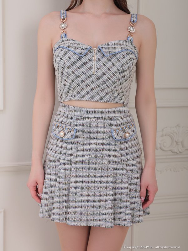 画像5: XSサイズあり【an /アン】ストレッチ/ チェック/ ツイード/ フロントジップ/ ビジューバックル/ ノースリーブ/ プリーツ/ セットアップ/ ミニドレス/ キャバドレス[OF05]