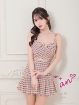 XSサイズあり【an /アン】ストレッチ/ チェック/ ツイード/ フロントジップ/ ビジューバックル/ ノースリーブ/ プリーツ/ セットアップ/ ミニドレス/ キャバドレス[OF05]