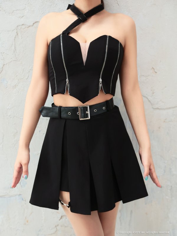 画像9: XSサイズあり【an /アン】2way/ ホルターネック/ ベア/ バストシアー/ ベルト/ ジップデザイン/ プリーツ/ フレア/ セットアップ/ ミニドレス/ キャバドレス[OF05]