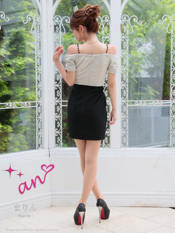 画像5: XSサイズあり【an /アン】 オフショル/ フロントジップ/ リボン/ ツイード/ 切り替え/ バイカラー/ ショルダーチェーン/ タイト/ ミニドレス/ キャバドレス[OF05]