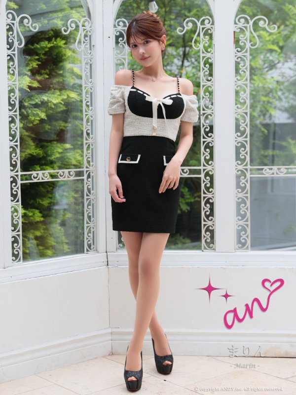 画像3: XSサイズあり【an /アン】 オフショル/ フロントジップ/ リボン/ ツイード/ 切り替え/ バイカラー/ ショルダーチェーン/ タイト/ ミニドレス/ キャバドレス[OF05]