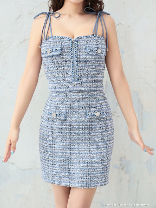 画像17: XSサイズあり【an /アン】 ストレッチ/ ツイード/ フロントジップ/ リボン/ キャミソール/ ポケットデザイン/タイト/ ミニドレス/ キャバドレス[OF05]