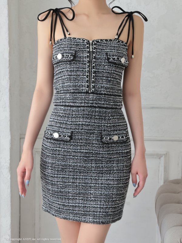 画像26: XSサイズあり【an /アン】 ストレッチ/ ツイード/ フロントジップ/ リボン/ キャミソール/ ポケットデザイン/タイト/ ミニドレス/ キャバドレス[OF05]
