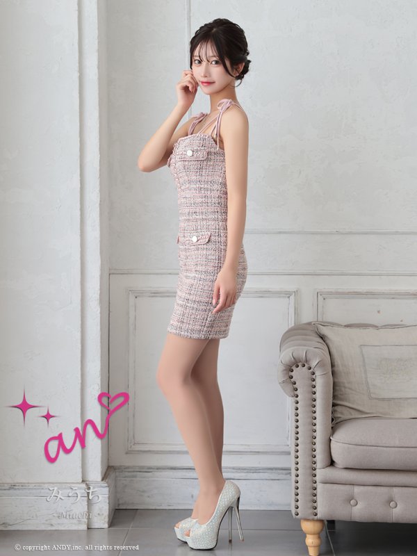 画像32: XSサイズあり【an /アン】 ストレッチ/ ツイード/ フロントジップ/ リボン/ キャミソール/ ポケットデザイン/タイト/ ミニドレス/ キャバドレス[OF05]