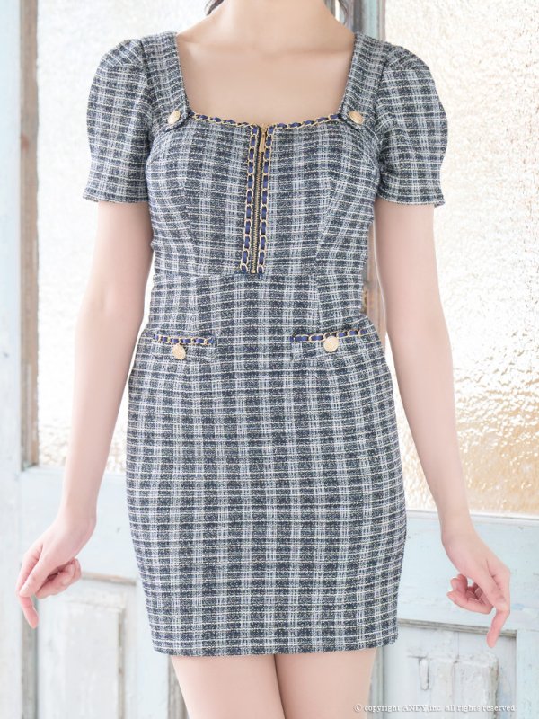 画像13: XSサイズあり【an/アン】チェーンパイピング/ フロントジッパー/ 半袖/ 袖あり/ ツイード/ スクエアネック/ デザインポケット/ タイト/ ミニドレス/ キャバドレス[OF05]