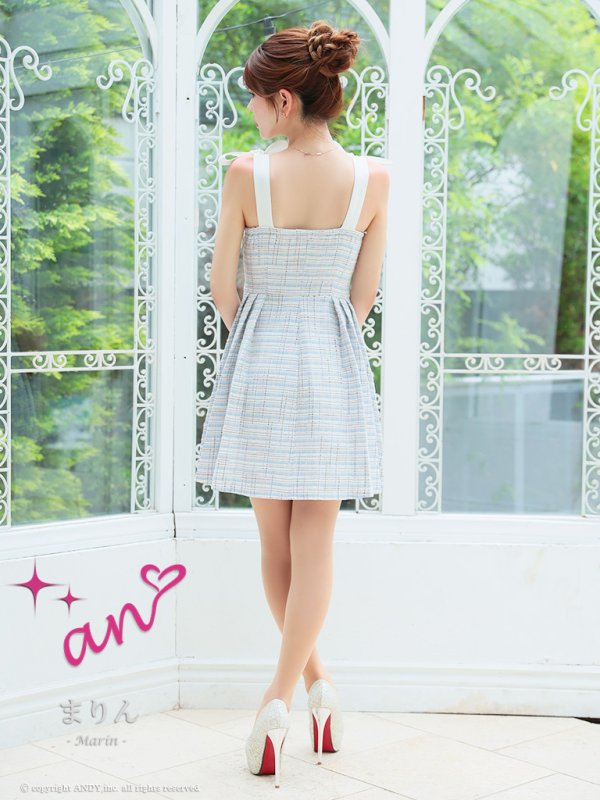 画像12: XSサイズあり【an /アン】ツイード/ パールボタン/ ショルダーリボン/ ノースリーブ/ フレア/ 裾プリーツ/ ミニドレス/ キャバドレス[OF05]