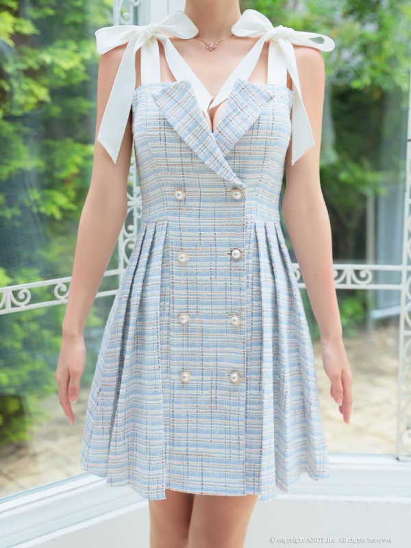 画像13: XSサイズあり【an /アン】ツイード/ パールボタン/ ショルダーリボン/ ノースリーブ/ フレア/ 裾プリーツ/ ミニドレス/ キャバドレス[OF05]