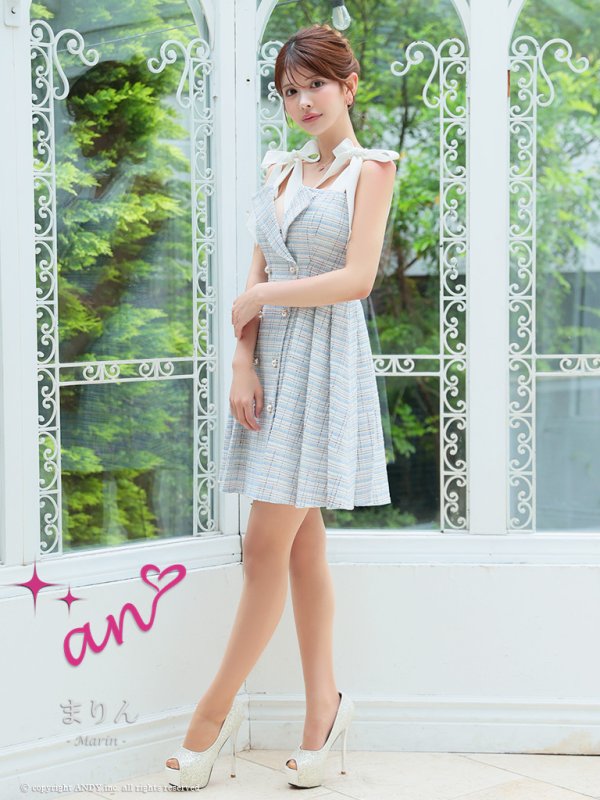 画像11: XSサイズあり【an /アン】ツイード/ パールボタン/ ショルダーリボン/ ノースリーブ/ フレア/ 裾プリーツ/ ミニドレス/ キャバドレス[OF05]