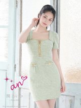 XSサイズあり【an/アン】ミックスツイード/ フロントジッパー/ 半袖/ パフスリーブ/ 袖あり/ タイト/ ミニドレス/ キャバドレス[OF05]