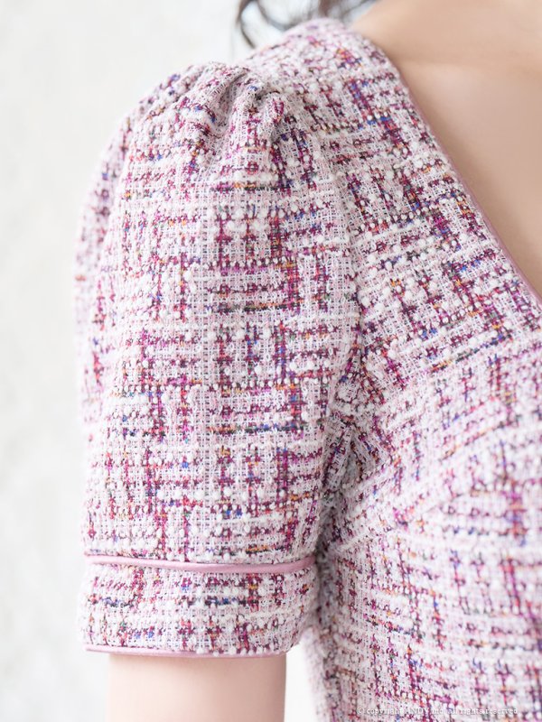 画像14: XSサイズあり【an /アン】 ストレッチ/ ツイード/ カットアウト/ パールボタン/ 半袖/ 袖あり/ タイト/ ミニドレス/ キャバドレス[OF05]